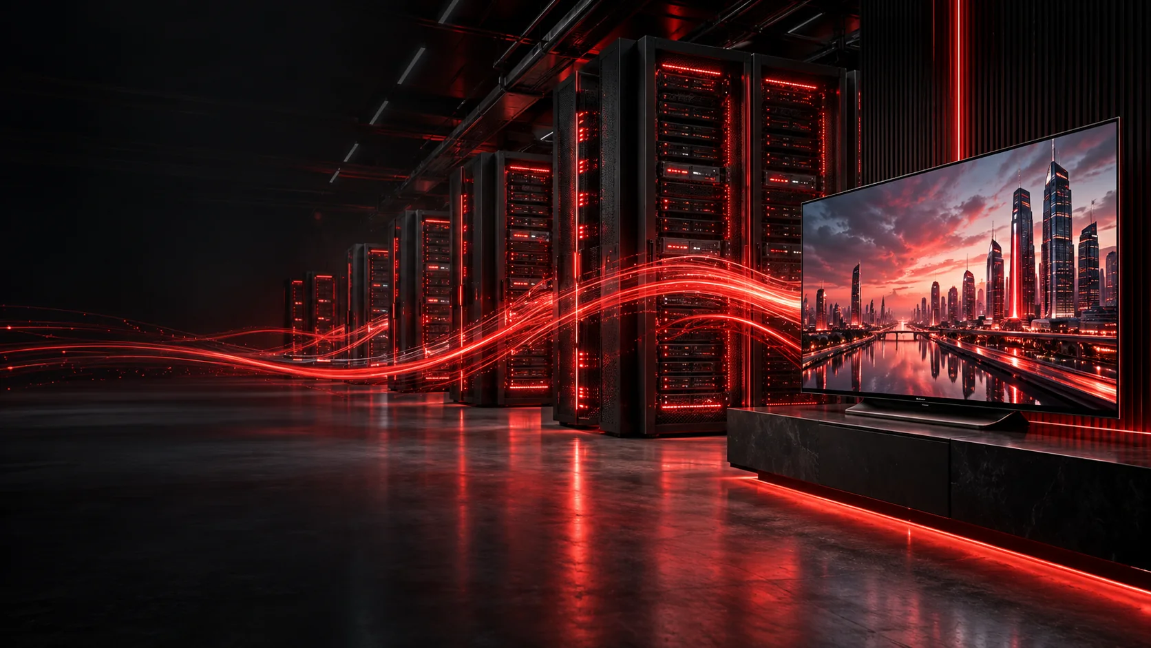Illustration d’une infrastructure de serveurs IPTV haute performance reliée à une Smart TV