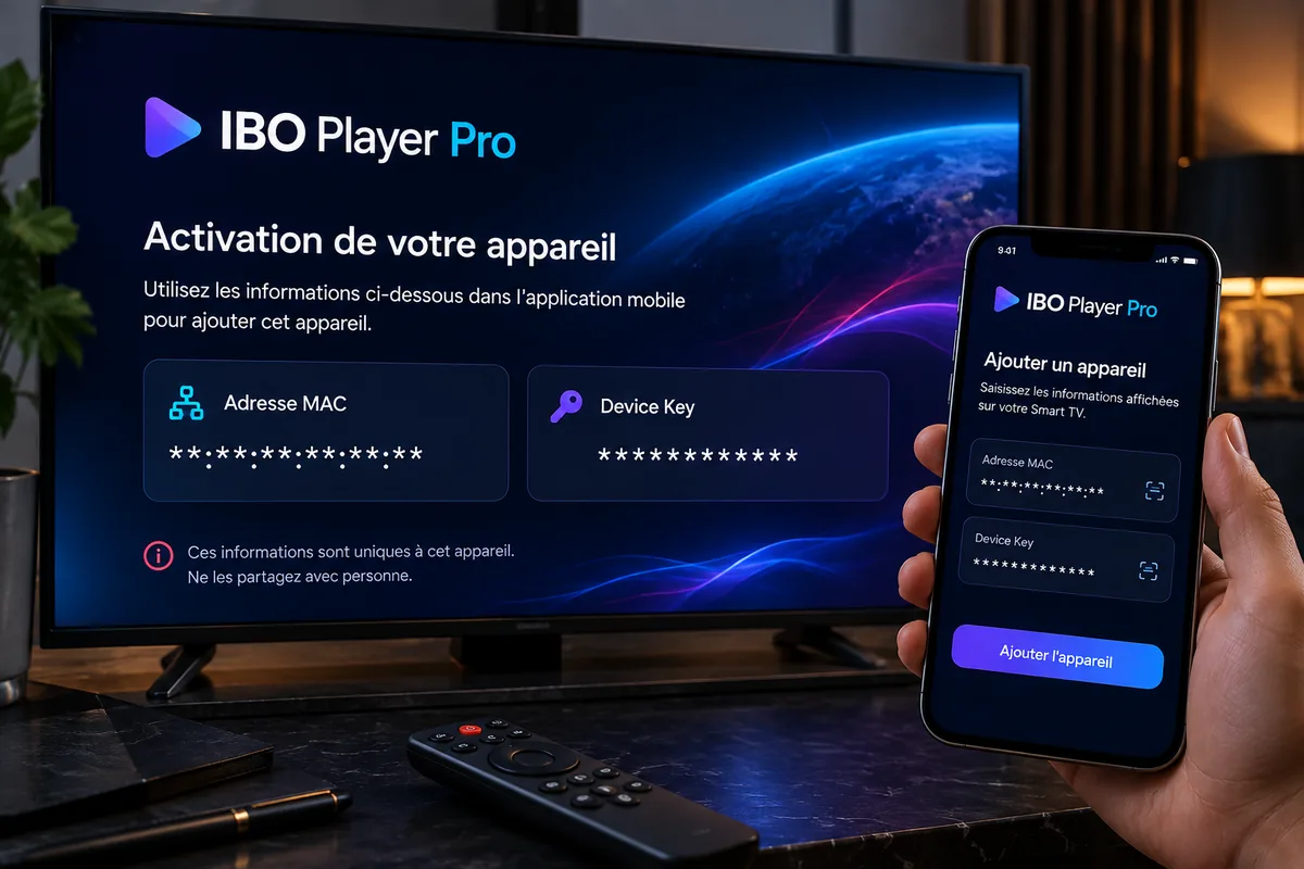 Écran IBO Player Pro montrant l’emplacement de la MAC Address et de la Device Key
